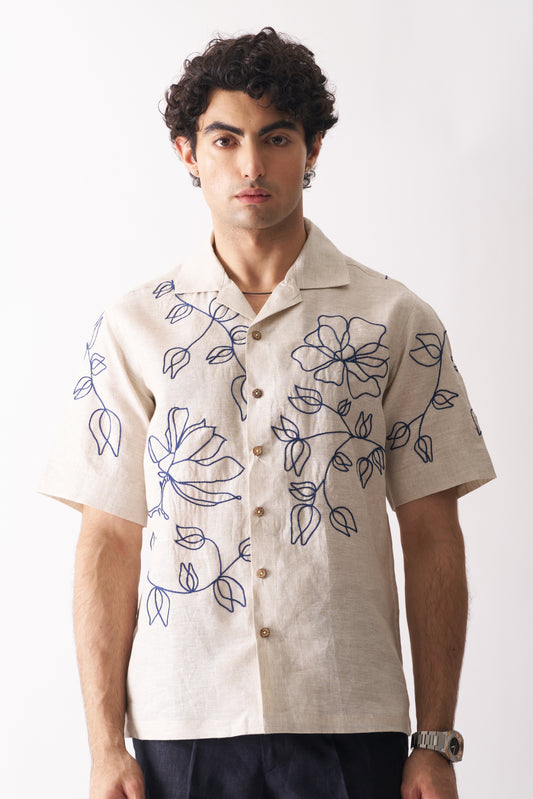 🌸 FLORAL SERENADE – Hand Embroidered Unisex Pure Linen Shirt