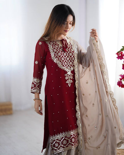 Designer Faux Georgette Party Wear Set (Top, Sharara Palazzo & Dupatta)