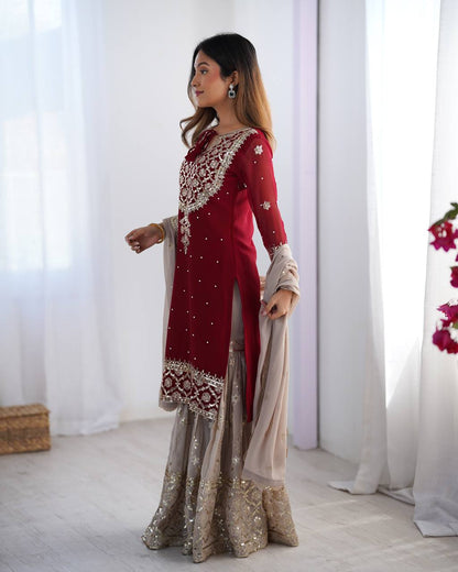 Designer Faux Georgette Party Wear Set (Top, Sharara Palazzo & Dupatta)