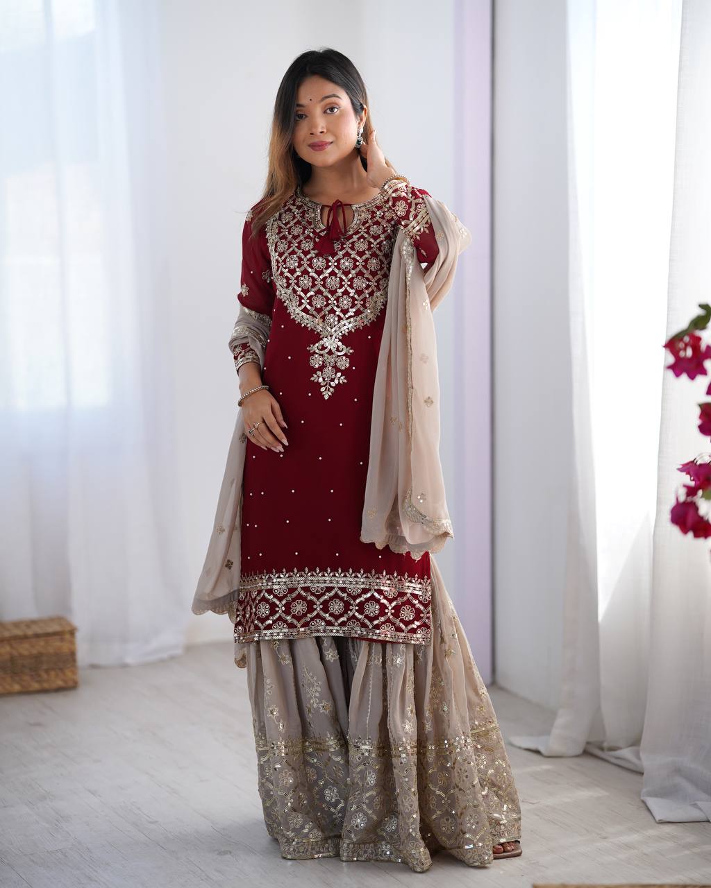 Designer Faux Georgette Party Wear Set (Top, Sharara Palazzo & Dupatta)