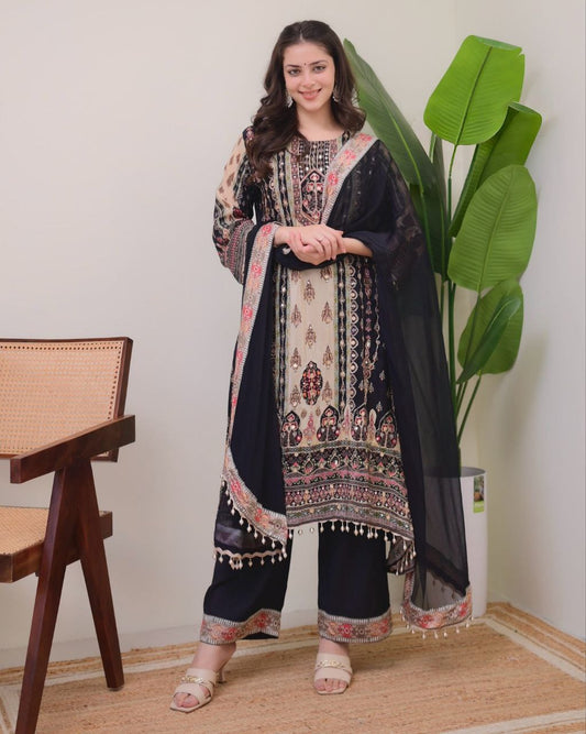 Jaypuri Designer Printed Model Satin Set with Mirror & Moti Lace Work