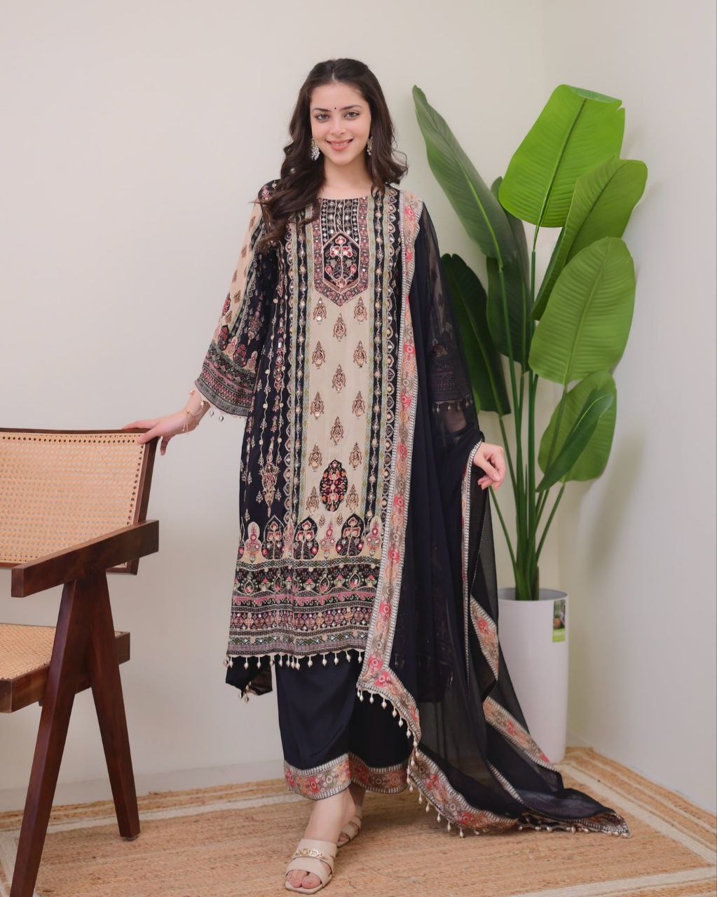 Jaypuri Designer Printed Model Satin Set with Mirror & Moti Lace Work