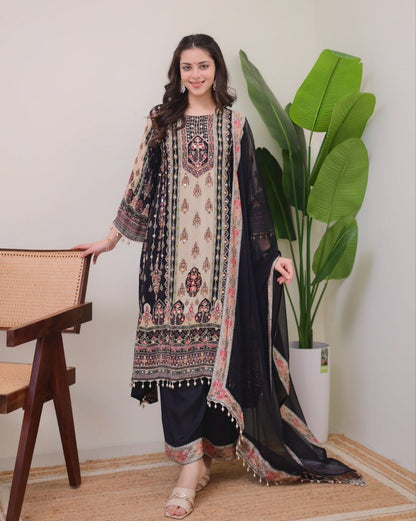 Jaypuri Designer Printed Model Satin Set with Mirror & Moti Lace Work