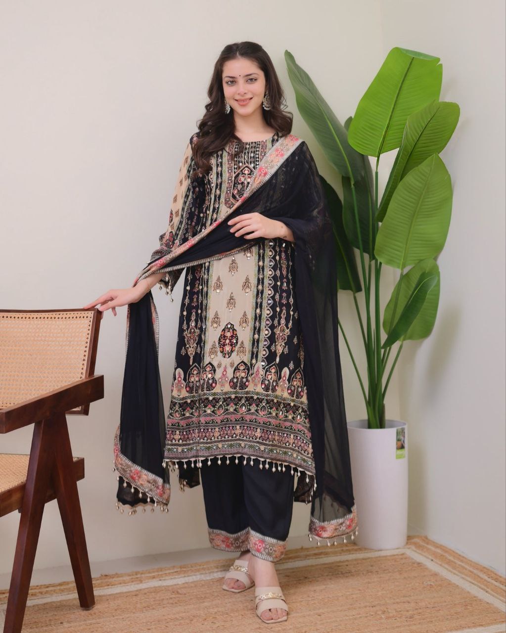 Jaypuri Designer Printed Model Satin Set with Mirror & Moti Lace Work