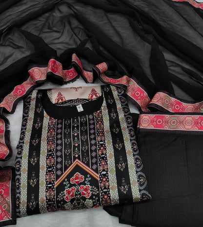 Jaypuri Designer Printed Model Satin Set with Mirror & Moti Lace Work
