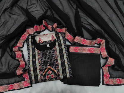Jaypuri Designer Printed Model Satin Set with Mirror & Moti Lace Work