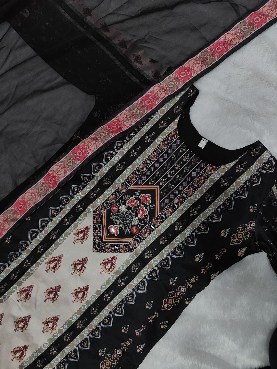 Jaypuri Designer Printed Model Satin Set with Mirror & Moti Lace Work