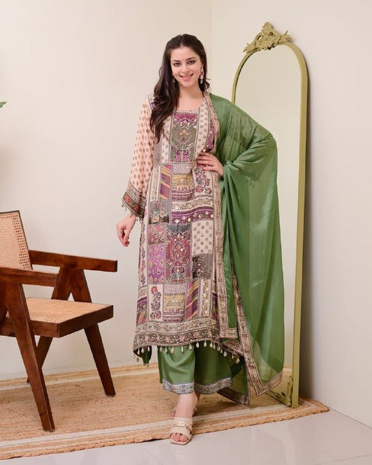 Jaypuri Designer Printed Top with Mirror Work, Plazzo & Dupatta