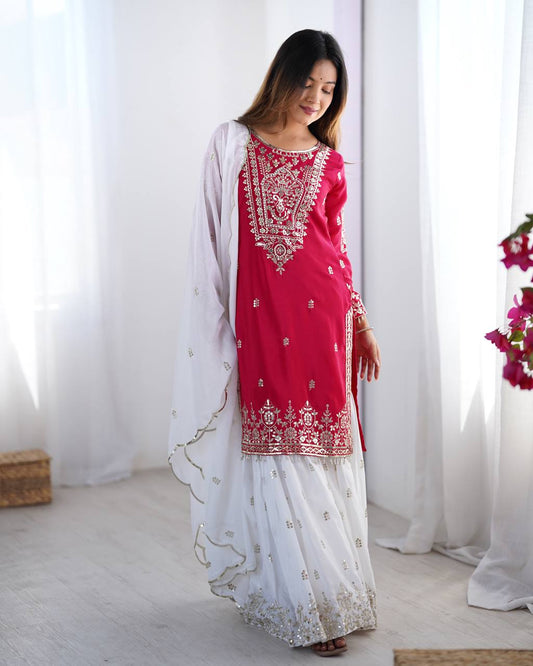 Designer Party Wear Chinnon Set (Top, Sharara Palazzo & Dupatta)