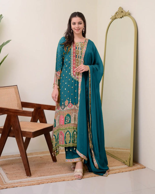 Jaypuri Designer Wear Simmer Top with Mirror Work, Plazzo & Dupatta Set