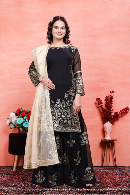 Designer Party Wear Embroidered Set (Top, Sharara Palazzo & Dupatta)