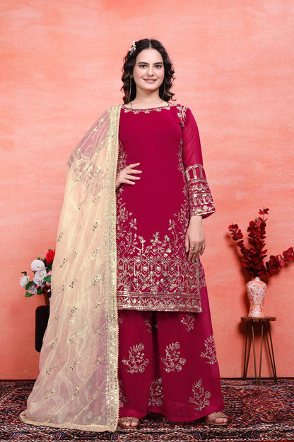 Designer Party Wear Embroidered Set (Top, Sharara Palazzo & Dupatta)