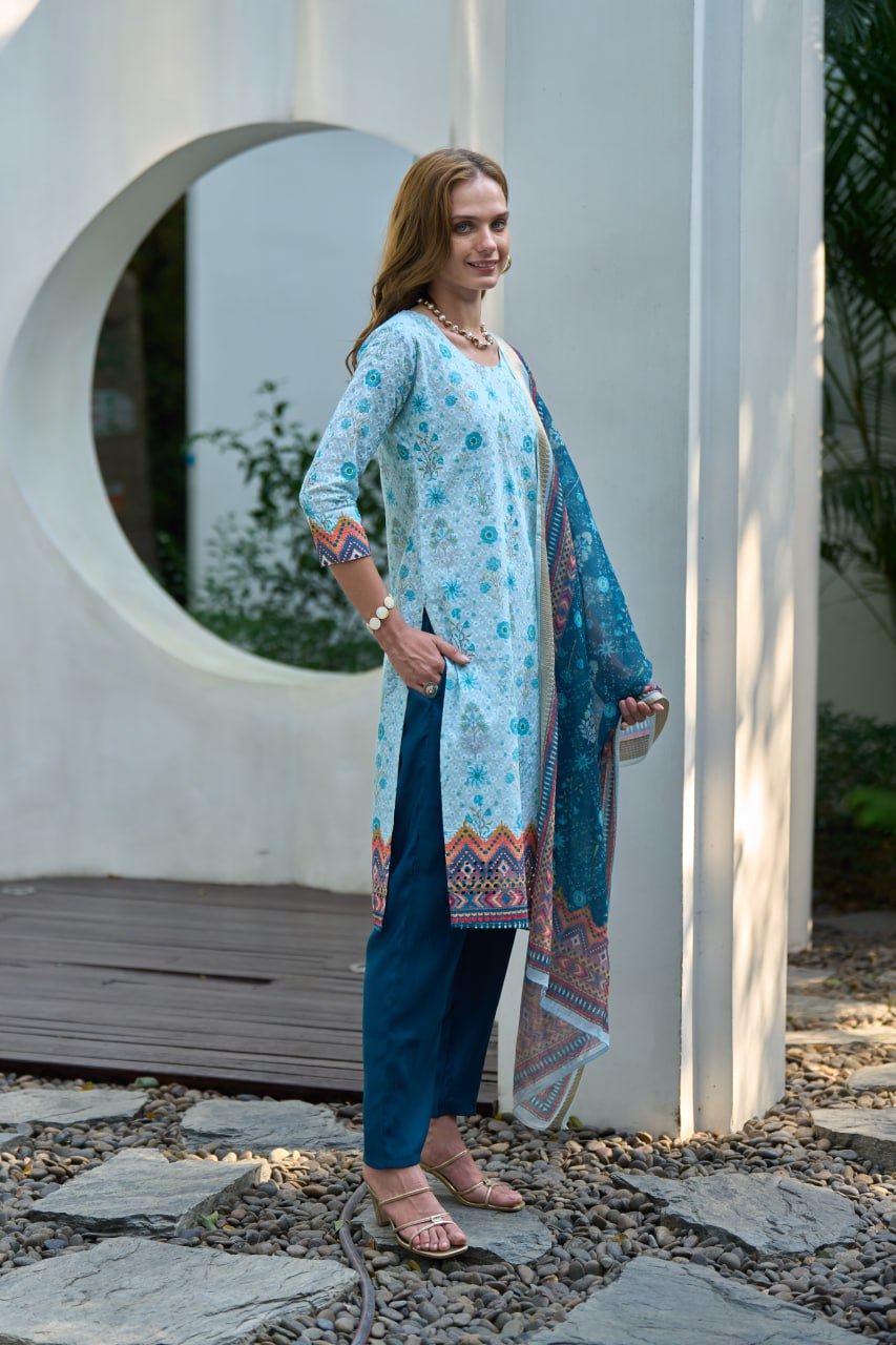 Elegant Straight Kurti Pant Dupatta Set | Garmex Export
