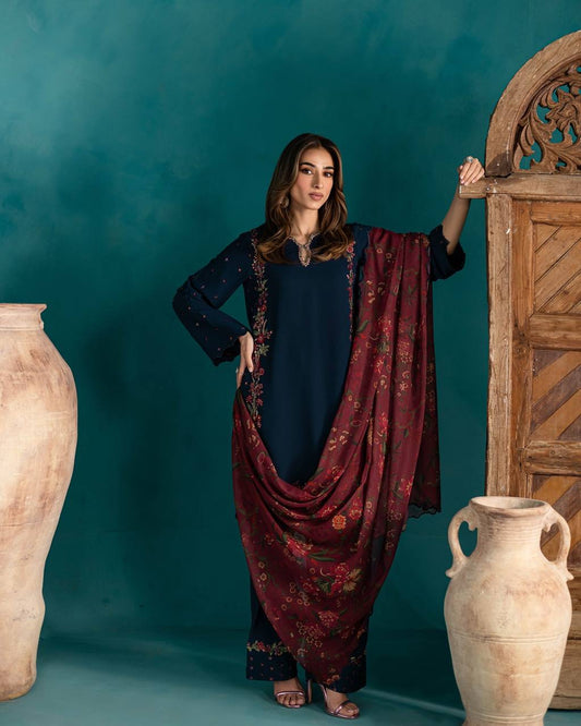 Garmex Export – Designer Natural Crepe Silk Set (Top, Farshi Pant & Dupatta)