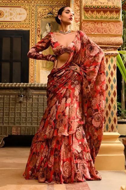 Georgette Ruffle Ready-to-Wear Lehenga Saree with Stitched Blouse