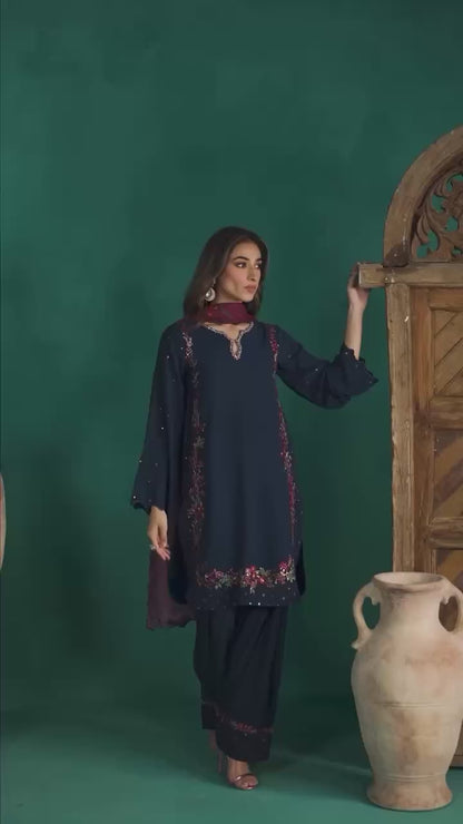 Garmex Export – Designer Natural Crepe Silk Set (Top, Farshi Pant & Dupatta)