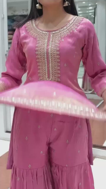 प्योर चिनॉन सिल्क पार्टी वियर सेट (टॉप, शरारा पलाज़ो और दुपट्टा)