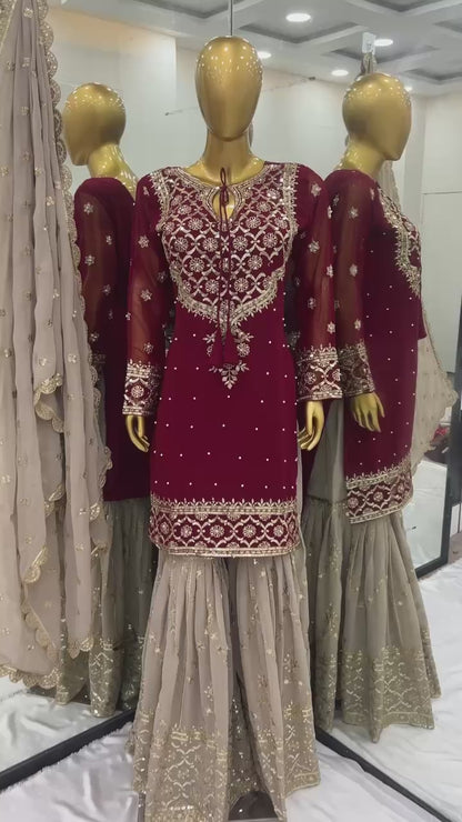 Designer Faux Georgette Party Wear Set (Top, Sharara Palazzo & Dupatta)
