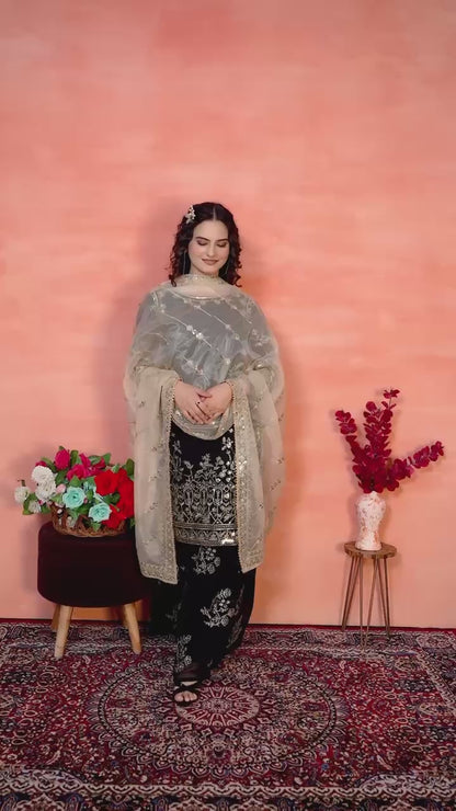 Designer Party Wear Embroidered Set (Top, Sharara Palazzo & Dupatta)