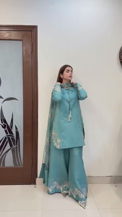 Designer Natural Crepe Silk Set (Top, Pant & Dupatta)