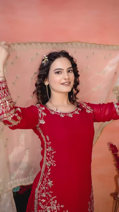 Designer Party Wear Embroidered Set (Top, Sharara Palazzo & Dupatta)