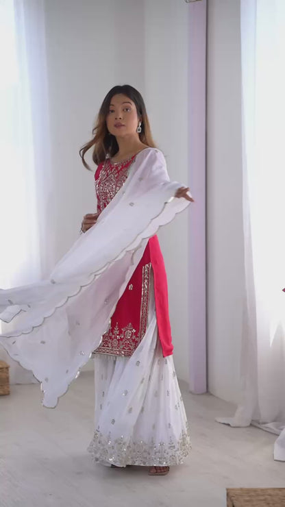 Designer Party Wear Chinnon Set (Top, Sharara Palazzo & Dupatta)